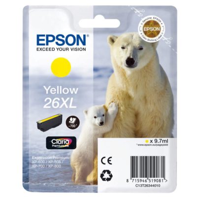 Epson Polar Bear 26XL Claria Premium Ink, High Yield Ink Cartridge, Yellow Single Pack, C13T26344010 Epson Polar Bear 26XL Claria Premium Ink, High Yield Ink Cartridge, Yellow Single Pack, C13T26344010